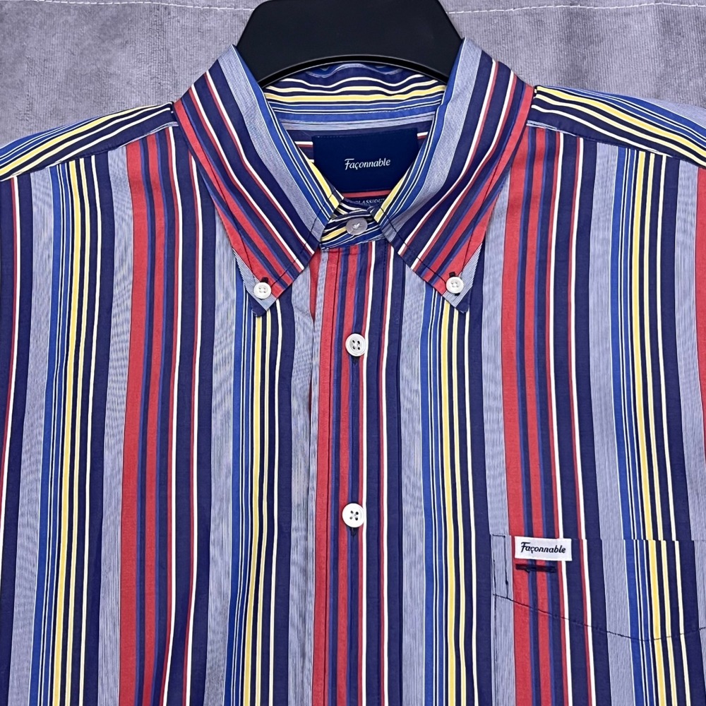 Faconnable Button Down Shirt Mens L Blue Red Yellow Stripe Long Slv Classique